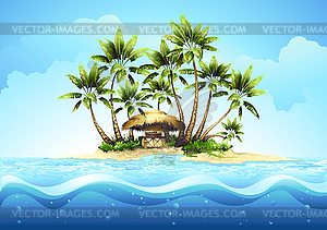 Tropical bungalow bar on island in ocean - vector clipart