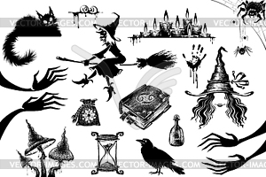 Hand drawn collection of halloween silhouettes icon and - vector clipart