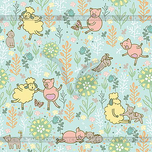 Animals in the meadow seamless pattern - vector image