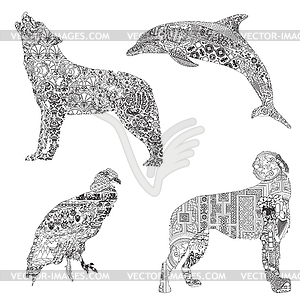 Set of animals with ethnic ornaments - vector image