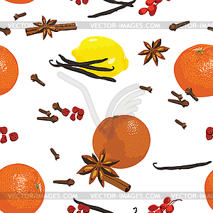 Seamless pattern with mandarin and spices - vector clipart / vector image