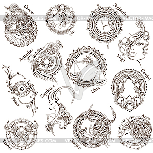 12 stylized zodiac signs. - vector clip art