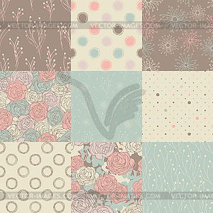 Roses, circles in retro style. Seamless patterns. - vector image