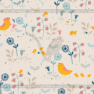 Floral pattern with flowers and chicks - vector image