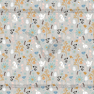 Seamless pattern with flowers and birds - vector EPS clipart