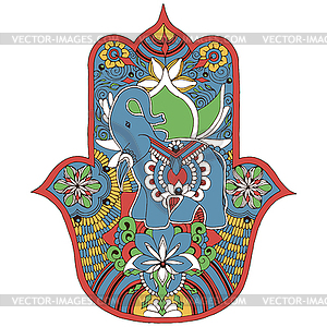 Hamsa palm with an elephant in the style of mehendi. - vector clipart