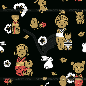 Seamless pattern with kokeshi dolls - vector clipart