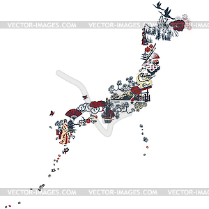 Japan silhouette from symbolic miniatures - color vector clipart