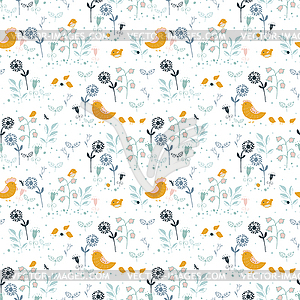 Floral seamless pattern with birds - vector clip art