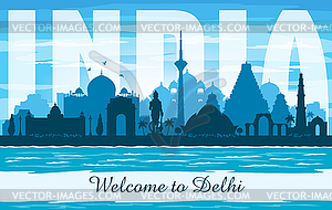 Delhi India city skyline silhouette - vector clipart