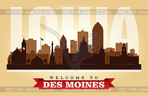 Город Де-Мойн Айова на фоне линии горизонта силуэт - векторное изображение EPS