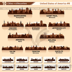 City skyline set. 10 city silhouettes of USA  - vector image