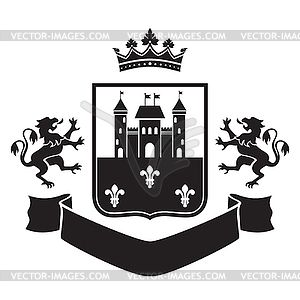 Coat of arms - shield with fortress and two standin - vector clipart