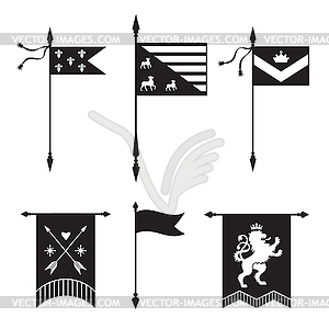 Pennant silhouettes - with lion, arrows, crown and - vector image