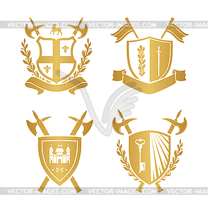Coats of arms - shields with fleur-de-lys, town, - vector image