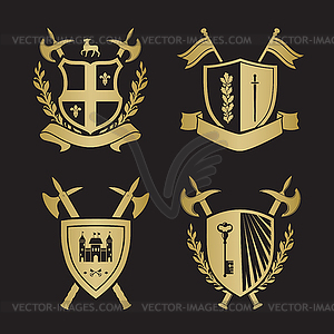 Coats of arms - shields with fleur-de-lys, town, - vector clipart