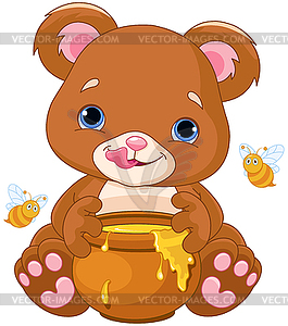 Bear Holds Honey Jar - vector clip art