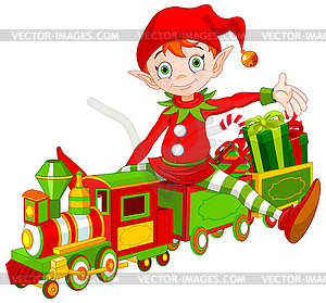 Christmas Elf and Toy Train - vector clipart