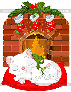 Kitten near Fireplace - vector clip art