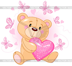 Teddy Bear Holds Heart - stock vector clipart