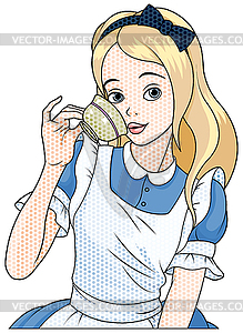 Comic stile Alice Takes Tea Cup - vector clip art