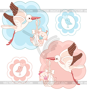 Set of Storks and Babies - vector clip art