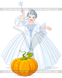 Fairy Godmother Making Magic Pumpkin Carriage - vector EPS clipart
