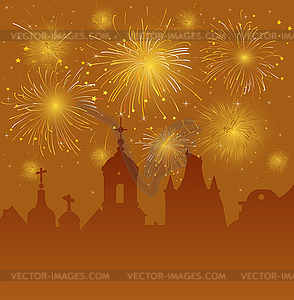 Old Cityscape with Celebration Fireworks - vector image