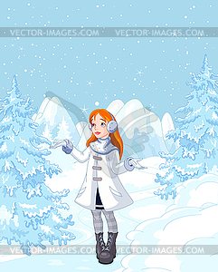 Cute Girl Enjoying Snowfall - vector clip art
