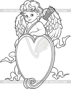 Cupid Over Heart Shape Sign. Coloring Page - vector image