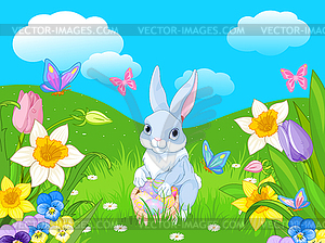 Easter Bunny with Basket Full of Easter Eggs - vector clipart / vector image