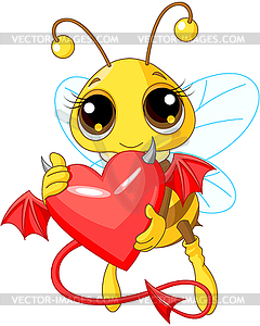 Cute Bee Holding Devil Heart - vector clip art