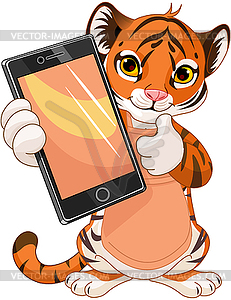 Cute Tiger holding tablet - stock vector clipart