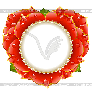 Vector red Rose heart frame with pearl necklace - color vector clipart