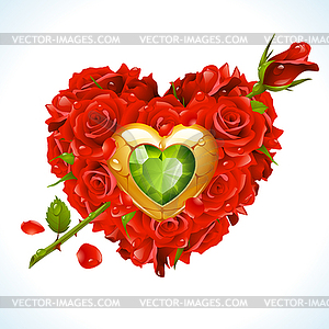 Vector red Roses, golden jewel and green crystal - vector image