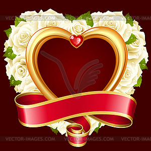 Vector rose frame in the shape of heart. White - vector clipart