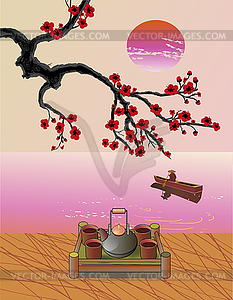 Tea ceremony on the background Oriental landscape - vector image