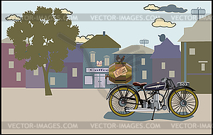 Retro banner with a cup of coffee and motorcycle - vector clipart