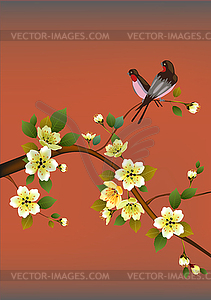 Evening in the garden blooming cherry and birds sing - vector clip art