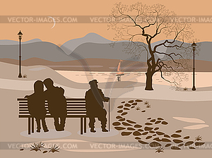Вечерний скамейке в парке молодая пара и старик - иллюстрация в векторе
