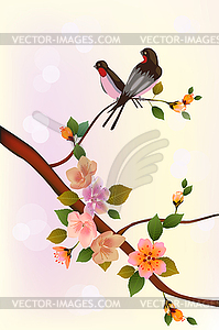 Evening in the garden blooming cherry and birds sing - vector EPS clipart