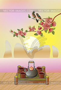 Evening in the garden blooming cherry and birds sing - vector clipart / vector image