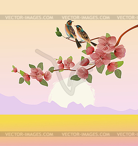 Evening in the garden blooming cherry and birds sing - vector image