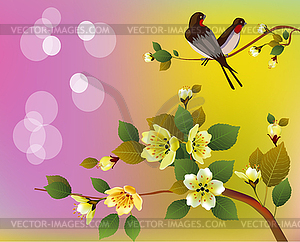 Evening in the garden blooming cherry and birds sing - vector clipart