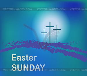 Vector mountain Calvary with three crosses with sky and - color vector clipart