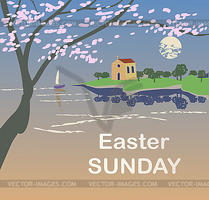 Vector picture landscape with a church on Easter Day - vector clip art