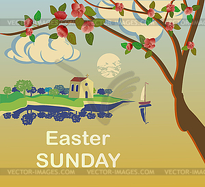  Vector picture landscape with a church on Easter Day - vector image