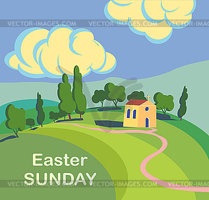  Vector picture landscape with a church on Easter Day - vector clipart