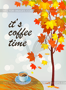 Banner autumn leaves with pumpkin. Coffee on the table  - vector clip art