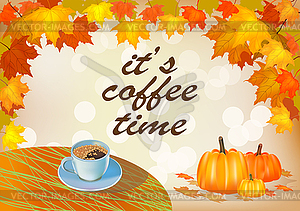 Banner autumn leaves with pumpkin. Coffee on the table  - vector clipart / vector image